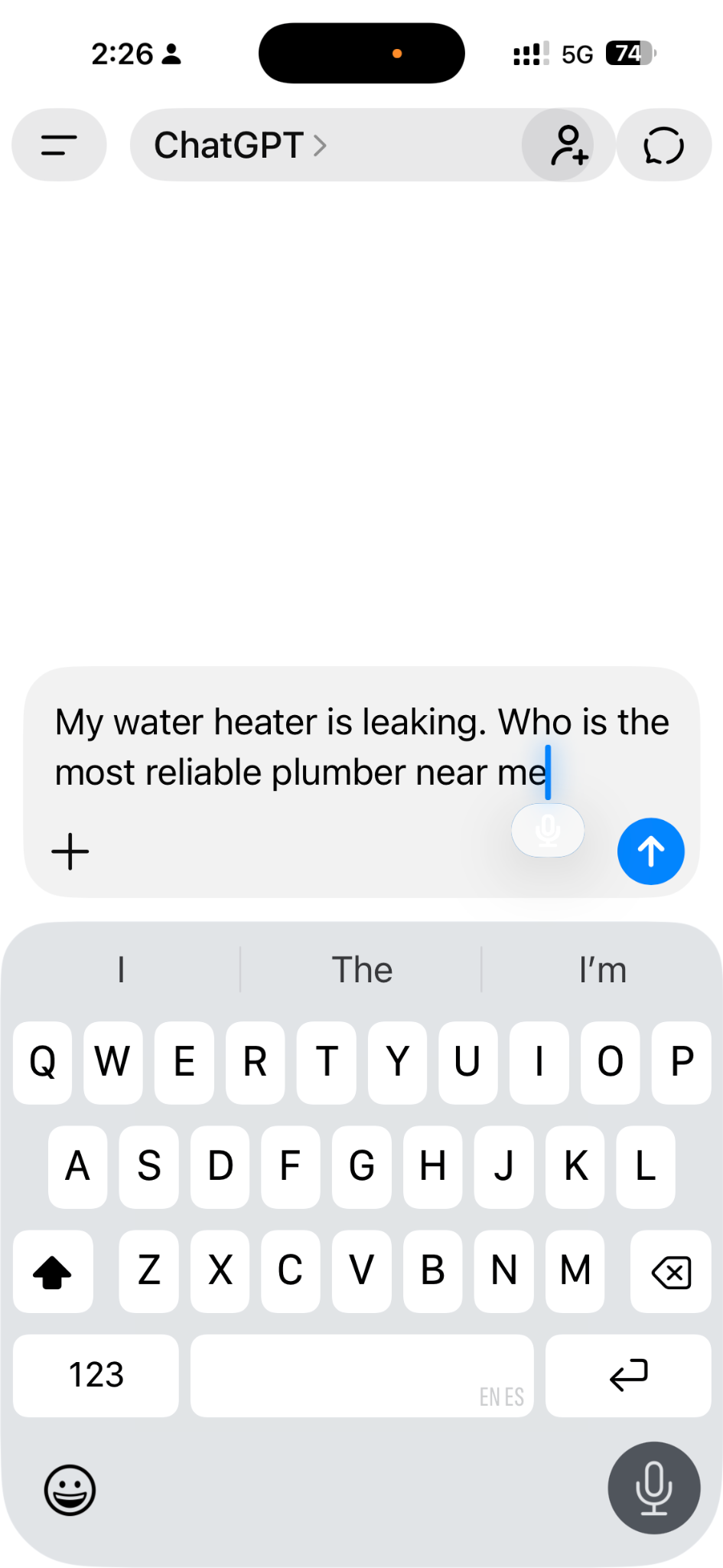 ChatGPT prompt asking for the most reliable plumber near me